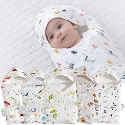 MOM CARE Muslin Hood Towel Cum Baby Wrapper with Belt,Cotton,Organic,Super Soft,White, Pack of 1 Random Print-image-37