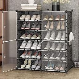 Zemic Portable Shoe Rack for Home Plastic with Door,Adjustable Plastic Shoe Rack for Bedroom/Outdoor Waterproof, Shoe Storage Organizer,High-Density PP Frame for Stability (12-SHELF-4-DOOR, Black)-14