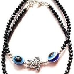 Combo Metal Silver Elephant & Turtle Blue Evil eye Glossy Black beads Chain Anklet |For Women |Girls | Nazariya |Nazarbattu| Pack of 2 | Payal lucky Charms-image-86