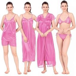 Women's Satin Nightwear Set, Plain Solid Design, Pack of 6-image-95