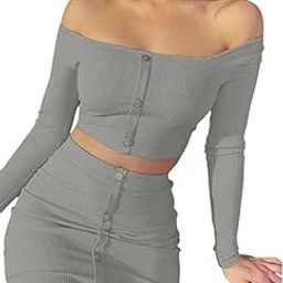 Women's Polyester Slim Fit Casual Solid Off Shoulder Button Skirt Outfits Set of 2| Size-2XL | Color-Gray-23
