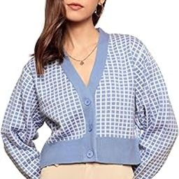 Women Checked Print V-Neck Drop-Shoulder Sleeves Front Button-Up Acrylic Straight Hem Knitted Crop Cardigan-16
