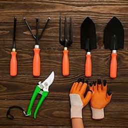 Leafypets Heavy Duty Gardening Tools Weeder, rake, Big Hand Spade, Small Hand Spade, Gloves, Fork & Pruner Comfortable Grip Handle Tools for lawns Care Planting & Trimming Indoor&Outdoor Pack of 7.-0