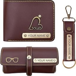 Personalized Wallet Keychain & Eyewear Gift Set | Name Crafted with Charms | Combo Set for Husband, Boyfriend, Father, Brother, Etc (Brown)-22