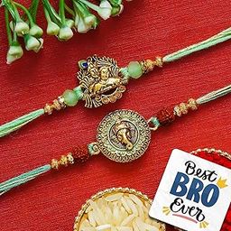 eCraftIndia Set of 2 Ganesha & Radha Krishna Rakhis | Best Bro Ever Fridge Magnet | Roli Chawal Pack | Designer Rakhi for Brother Bhaiya Bhai Bhabhi Kids-image-33