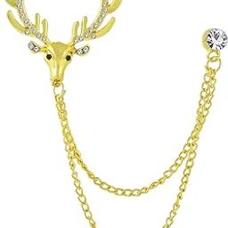 Men'S Fashion Jewellery Gold Plated Crystal Elements Studded Reindeer Lapel Pin Brooch With 2 Layer Dangling Chain For Boys And Men SP10002021-picture-10