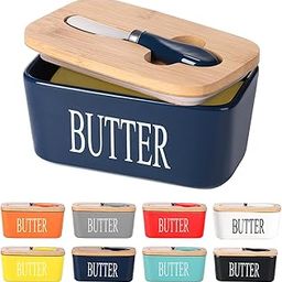 Ceramic Butter Dish with Wooden Lid, Lesige Large Butter Container Keeper Storage with Stainless Steel Butter Knife Spreader, Bamboo Cover and Silicone Sealing Ring for West East Coast Butter, Blue-26