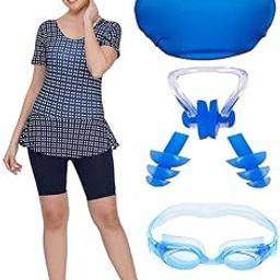 Swimming Kit with Swimming Costume Swimming Goggles Silicone Swimming Cap Ear Plugs and Nose Plugs for Women's-19