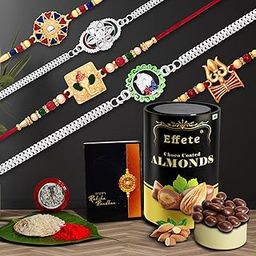 DeoDap (K5_NC1_CA) Multicolor Rakhi Combo with Effete Chocolate Almonds , Silver Color Pooja Coin, Roli Chawal & Greeting Card, Occasion, Rakhi & Chocolate for brother, Rakhi with chocolate, rakhi with gift, Rakhi Combo, Set of 5 Rakhi, Rakhi Chocolate Gift combo-image-9