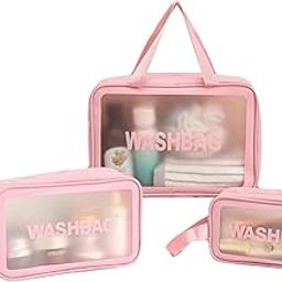 Afrodite Clear Travel Bags for Toiletries, 3Pcs Portable PVC Waterproof Cosmetic Bags, Transparent Travel Storage Carry Pouch, Toiletry Bags and Cosmetics Organizer for Women and Men (Pink)-image-52