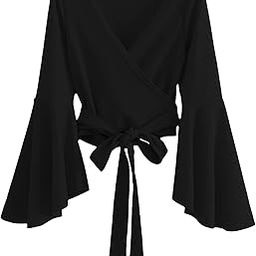 Women's Long Sleeve V Neck Tie Knot Wrap Blouse Top-image-97