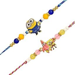 Meira Combo Pack of 2 Rakhis Minion and Sponge BobSpritiul,Bhaiya, Bracelet,Designer Set With Pack of Roli-chawal n Rakshabandhan Greetings Card, Kids Rakhi-25063-12