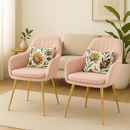 CHAIR DECOR Velvet Chair for Home | Set of 2 Modern Accent Armchair with Pillow in Soft Velvet Fabric with Golden Legs | (Baby Pink Floral)-image-93