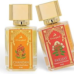 Aranyam Perfumes Natural Parijat & Chandan (Sandalwood) Perfume Combo for Men & Women Long Lasting Fragrance Premium Floral Parfum Ideal Gift for Couples (Pack of 2, 50 ml), Liquid-image-1