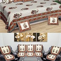 SkyKross - Everyday A New Thing Special Keri Pure Cotton ROOMSET |Diwan & Sofa Cover Set Combo| Single Bedsheet, 2 Bolster Covers, 5 CushionCovers and Five Seater Sofa Cover Set (Orange)-image-129