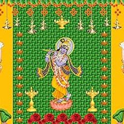 Ashvath Two Cow and Green chatiya with Shree Krishna Design Backdrop Cloth for Pooja Decoration Traditional Background Curtain Cloth for Festival Fabric-Polyester Taiwan fabric size 5 Feet Height and 8 Feet width(5 * 8)-picture-14