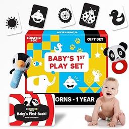 Einstein Box Gift Set for Babies and Newborns ages 0-3-6-9-12 Months | High Contrast Flash Cards for Visual Stimulation & Sensory Development | Gift Set of Rattles and High Contrast Book & Flash Cards-23