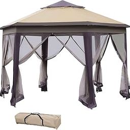 Invezo 13 x 13 feet Hexagonal Pop Up Garden Gazebo with Mosquito Netting Outdoor Canopy Tent Big Size for Garden (Khaki)-image-44