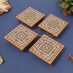 Handicrafts Paradise (4 x 4 inch, Set of 4Pc) Marble Chowki with Intricate Floral Painting (Multicolour) Bajot for God, Home Mandir, Home Décor Showpiece for Bulk Return Gifts-39