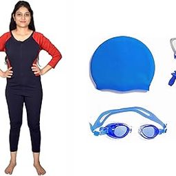 Women's Swimming Full Suit with Swimming 1 Anti Fog Swimming Goggles + 1 Silicone Swimming Cap+ 1 Nose Clip+ 2 Ear Plugs-image-99