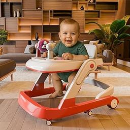 Cockatoo First Move 3-in-1 Baby Walker – Adjustable Height (3 Levels), Rocker, Push & Activity Walker with Musical Toy Tray & Light, 6 Lockable Wheels, Foldable, Safe for 6-18 Months, up to 15kg Red-image-0