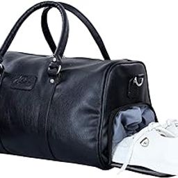 Duffle Bag for Travel with Shoe Compartment for Men and Women Made of Textured Leatherette with Detachable Shoulder Strap Cabin Bag (Black)-image-84