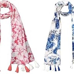 ™ Women's Printed Poly Cotton Multicolored Scarf and Stoles with Pearl Tassels Set Of 2 (ST496)-image-38