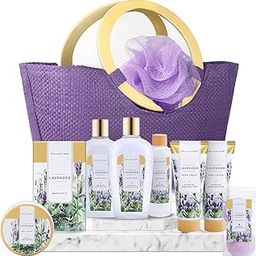 Lavender Spa Gift Baskets for Women, Premium 9Pc Gift Baskets, Deluxe Spa Tote Bag with Wooden Handle, Bath Salt, Hand Soap, Hand Cream, Shower Gel and Moe! Best Holi-43
