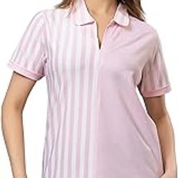 Women's Pink and White Striped Polo T-Shirt, Short Sleeve, Collared Neck-image-54