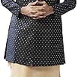 Mens Kurta Sherwani Churidar Set Jacquard Pattern Silk Blend, Indo-Western Ethnic Wear for Men, Navy Blue-picture-8