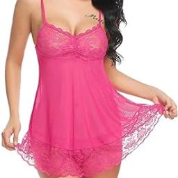 NISHABD Creations Women’s Polyester Spandex and Lace Floral Above Knee Babydoll Lingerie with G-String | Adjustable Straps Semi-Sheer Mesh Sleepwear Nighty (S, M, L, XL, XXL Sizes)-image-10
