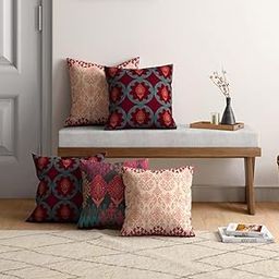 India Circus by Krsnaa Mehta Kilim Kalamkari Polyester Chenille Multicolor Digital Printed Decorative Pillow Cover for Couch Sofa, Bed Cushion Cover Set of 5 (16 x 16 Inches)-picture-13