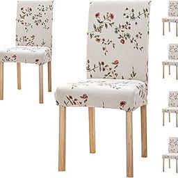 House of Quirk Elastic Chair Cover Stretch Removable Washable Short Dining Chair Cover Protector Seat Slipcover (Pack 6, Beige Tulip),Polyester-image-79