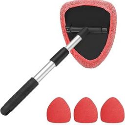Windshield Cleaning Tool, Car Window Cleaner with Extendable Long Handle and 4 Washable Reusable Microfiber Pads, Auto Interior Exterior Glass Wiper Cleaning Kit Universal for Office and Home (Red)-94