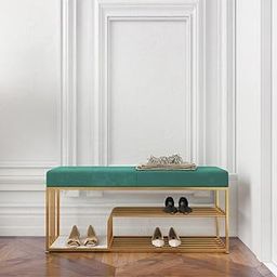 Skafa Metal End of Bed Bench-Upholstered Entry Shoe Storage with Nailhead Trim,Black Mental Frame Ottoman Bench for Bedroom Entry Window Mudroom Living Room (Green)-image-65