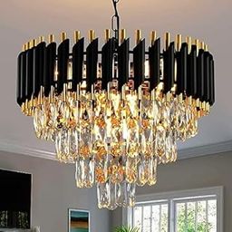 Lustreon Modern Crystal Chandelier, Black and Gold Rectangle Design, LED Ceiling Light Fixture for Living Room (Black Gold, 500mm)-image-72