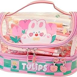 FunBlast Multipurpose Transparent Zipper Pouch for Girls, Portable Cute Stationery & Make up Accessories Organizer Bag for Students, Collage & Office Girls, Aesthetic Zipper Closure Pouch - Pink-image-45