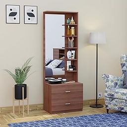 FURNIFLIX Engineered Wood Dressing Table with Mirror and Storage | Engineered Wood Dressing Table with 5 Shelves & 2 Drawer, Vanity Table for Bedroom, Living Room, and Home - Walnut Finish-3