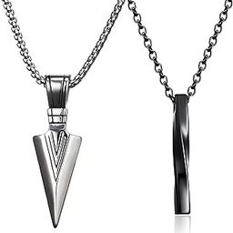 Men's Fashion Jewellery Combo Pack 2 Stainless Steel Arrow Shape And Twisted Bar Pendent Black and Silver Stylish Pendants Necklace Chain For Boys Men Women-picture-19