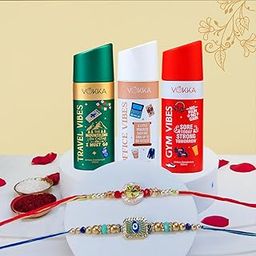 VOKKA Rakhi Gift for Brother – 3 Unisex Deodorants 150ml Each Gym + Office + Travel Vibes with 2 Rakhis | Divine Om & Nazariya Rakhi | Raksha Bandhan Combo Set for Bhaiya & Bhabhi-image-81