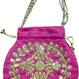 Traditional Indian Potli Handbag, Zari Embroidered, Beaded Handle, Set of 3 Colours - Red, Pink, Gold-image-36