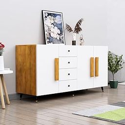 Bniture Multipurpose Storage Cabinet for Living Room, Kitchen, Office, Sideboard Cabinet with 4 Drawer and 3 Door Storage (Giant Wood & Frosty White)-image-89