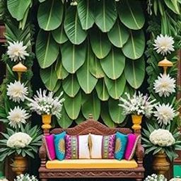 NK Textiles Green Banana Leaf Backdrop Cloth for Pooja Decoration Traditional, Background Decoration Cloth for Pooja Background, Curtain Cloth for Festival Fabric (Size-5x8 ft) (Printed)-image-95
