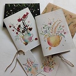 Pressed flower card, watercolor card, two painted gift tags/bookmarks, set of 4-image-18
