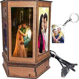 Lucky Gifts Personalized Rotating Led Photo Table Lamp Gift with 7 to 13 Photos - Gift for Valentines Day, Birthday, Anniversary - Brown Wooden Table Lamp-21