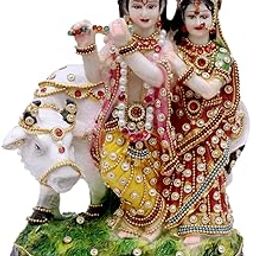 Buji Craft Radha Krishna Cow Idol Radha Krishna Cow murti for Pooja, Multicolour, Resin, 10 x 14 cm-image-9