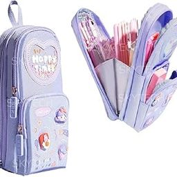 Sky Tech Tech Pencil Case For Girls 3 Compartment Cute Aesthetic Canvas Pencil Case Large Capacity Pen Pencil Pouch Multifunctional Pouch For School Kids College Students For Children, lavender-22