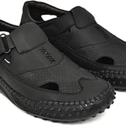 robbie jones Men's Black Leather Sandals, Perforated Design, Velcro Closure, Non-Slip Sole-picture-7