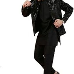 Men Black Abstract Kurta Bomber Jacket Trouser Set with Sequence-image-3