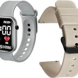 Combo LED Display Fashionable Children Kids Digital Watches and Soft Silicone 22mm Watch Strap with Secure Buckle Lock (Grey & Cream) Pack of 2-image-80